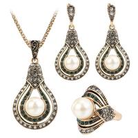 Rhinestone Zinc Alloy Jewelry Set, finger ring & earring & necklace, with Plastic Pearl, antique gold color plated, three pieces & fashion jewelry & for woman & with rhinestone Approx 17.72 Inch 