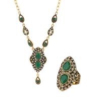 Rhinestone Zinc Alloy Jewelry Set, finger ring & necklace, with Resin, antique gold color plated, 2 pieces & fashion jewelry & for woman & with rhinestone, green Approx 20.87 Inch 