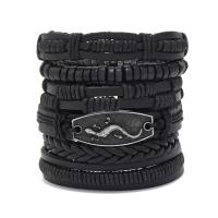 PU Leather Bracelet Set, with Cowhide & Wax Cord & Wood & Zinc Alloy, 6 pieces & fashion jewelry & Unisex, black Approx 17-18 cm 