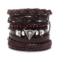 PU Leather Bracelet Set, with Cowhide & Wax Cord & Wood & Copper Coated Plastic & Zinc Alloy, 6 pieces & fashion jewelry & Unisex, brown Approx 17-18 cm 
