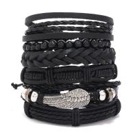 PU Leather Bracelet Set, with Cowhide & Wax Cord & Wood & Copper Coated Plastic & Zinc Alloy, 6 pieces & fashion jewelry & Unisex, black Approx 17-18 cm 