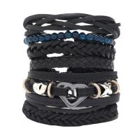 PU Leather Bracelet Set, with Glass Beads & Cowhide & Wax Cord & Copper Coated Plastic & Zinc Alloy, 6 pieces & fashion jewelry & Unisex, black Approx 17-18 cm 