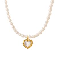 Natural Freshwater Pearl Necklace, with Titanium Steel & Shell, with 2.76inch extender chain, Heart, fashion jewelry & for woman, 5mm,13*12mm Approx 14.17 Inch 
