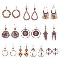 Wood Earring, Zinc Alloy, with Wood & Plastic Pearl, gold color plated, Bohemian style & for woman, brown 