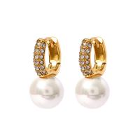 Huggie Hoop Drop Earring, 304 Stainless Steel, with Shell Pearl, Vacuum Ion Plating, fashion jewelry & for woman & with rhinestone, golden, 19.66mm 