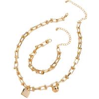 Fashion Zinc Alloy Jewelry Sets, bracelet & necklace, Lock, gold color plated, 2 pieces & for woman, golden 