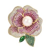 Cubic Zirconia Brooch, Brass, with Plastic Pearl, Rose, gold color plated, micro pave cubic zirconia & for woman 