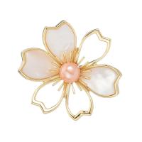 Shell Brooch, Brass, with Shell & Freshwater Pearl, Flower, gold color plated, for woman, white, 35mm 