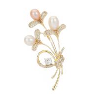 Freshwater Pearl Brooch, Brass, with Freshwater Pearl, Bouquet, gold color plated, micro pave cubic zirconia & for woman, gold 