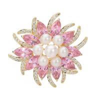 Cubic Zirconia Brooch, Brass, with Plastic Pearl, Flower, gold color plated, for woman & with cubic zirconia 50mm 