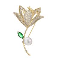Cubic Zirconia Brooch, Brass, with Freshwater Pearl, Flower, gold color plated, for woman & with cubic zirconia, golden 