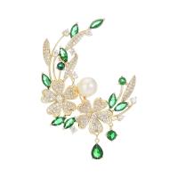 Cubic Zirconia Brooch, Brass, with Plastic Pearl, Flower, gold color plated, micro pave cubic zirconia & for woman, green 
