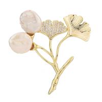 Freshwater Pearl Brooch, Brass, with Freshwater Pearl, Ginkgo Leaf, gold color plated, micro pave cubic zirconia & for woman, golden 