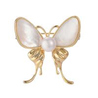 Shell Brooch, Brass, with Shell Pearl & White Shell, Butterfly, gold color plated, for woman, white 