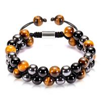 Gemstone Woven Ball Bracelets, Tiger Eye, with Polyester Cord & Non Magnetic Hematite & Black Agate & Zinc Alloy, Round, silver color plated, Double Layer & Unisex & adjustable 