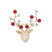 Kunststoff-Perlen-Brosche, Messing, mit gefärbter Marmor & Kunststoff Perlen, Geweihe, goldfarben plattiert, für Frau, rot, 42x35mm, verkauft von PC