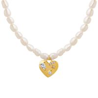 Freshwater Pearl Brass Necklace, with Brass, with 3.15inch extender chain, Heart, gold color plated, fashion jewelry & micro pave cubic zirconia & for woman, 12mm,4mm Approx 14.57 Inch 
