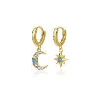 asymmetrische Ohrringe, 925 Sterling Silber, Mond und Sterne, goldfarben plattiert, Micro pave Zirkonia & für Frau, 19.5mm, verkauft von Paar