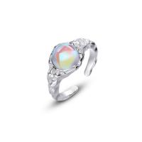 Sterling Silver Finger Ring, 925 Sterling Silver, with Gemstone, platinum color plated, Adjustable & for woman & hammered, 20.5mm 