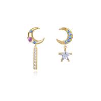 asymmetrische Ohrringe, 925 Sterling Silber, Mond und Sterne, goldfarben plattiert, Micro pave Zirkonia & für Frau, farbenfroh, 11x26mm, verkauft von Paar