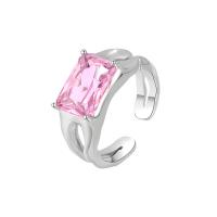 Кубическое цирконовое латунное кольцо, Латунь, Платиновое покрытие платиновым цвет, Регулируемый & Женский & с кубическим цирконием, розовый, продается PC