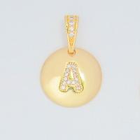 Cubic Zirconia Micro Pave Brass Pendant, Flat Round, 18K gold plated, letters are from A to Z & Unisex & micro pave cubic zirconia 