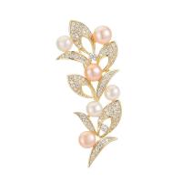 Freshwater Pearl Brooch, Brass, with Freshwater Pearl, Leaf, gold color plated, micro pave cubic zirconia & for woman, gold 