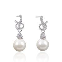 South Sea Shell Drop Earrings, Brass, with Shell Pearl, silver color plated, micro pave cubic zirconia & for woman, silver color 