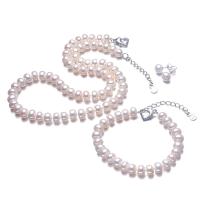 Brass Freshwater Pearl Jewelry Sets, Stud Earring & bracelet & necklace, with Brass, silver color plated, three pieces & for woman, white, 8-9mm 