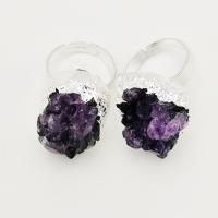 Natural Quartz Druzy Finger Ring, Zinc Alloy, with Amethyst, for woman, silver color, 19-20mm,20-25mm 