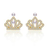 Cubic Zirconia Micro Pave Brass Earring, with Plastic Pearl, Crown, plated, fashion jewelry & micro pave cubic zirconia & for woman & hollow 