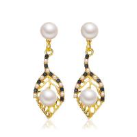 Plastic Pearl Zinc Alloy Earring, with Plastic Pearl, Leaf, gold color plated, fashion jewelry & for woman & with rhinestone 