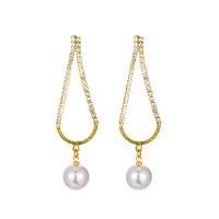 Zinc Alloy Rhinestone Drop Earring, with Plastic Pearl, Teardrop, KC gold color plated, fashion jewelry & micro pave cubic zirconia & for woman & hollow, golden, 65mm 