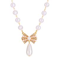 Plastic Pearl Necklace, with Zinc Alloy, with 7cm extender chain, Bowknot, gold color plated, fashion jewelry & for woman & with rhinestone, white cm 