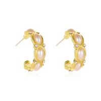 Rhinestone Brass Stud Earring, with Plastic Pearl, Letter C, gold color plated, fashion jewelry & for woman & with rhinestone, golden, 18mm 