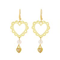 Zinc Alloy Rhinestone Drop Earring, with Plastic Pearl, Heart, gold color plated, fashion jewelry & for woman & hollow, golden 