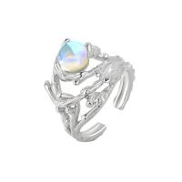 Палец кольцо-латунь, Латунь, с Лунный камень, покрытый платиной, Регулируемый & Женский, оригинальный цвет, продается PC