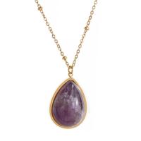 Gemstone Necklaces, Titanium Steel, with Natural Stone, with 1.97inch extender chain, Teardrop, 18K gold plated, fashion jewelry & Unisex, golden Approx 15.75 Inch 