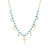 Stainless Steel Jewelry Necklace, 304 Stainless Steel, with Stone & Freshwater Pearl, with 5cm extender chain, Cross, Vacuum Ion Plating, fashion jewelry & for woman cm 