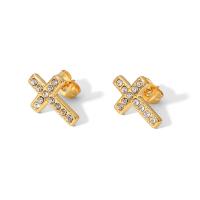 Stainless Steel Cubic Zirconia Stud Earring, 304 Stainless Steel, Cross, Vacuum Ion Plating, fashion jewelry & micro pave cubic zirconia & for woman, golden 