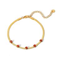 Titanium Steel Bracelet, with Red Agate, with 5cm extender chain, Vacuum Ion Plating, fashion jewelry & adjustable & snake chain & for woman, golden, 5mm,3mm cm 