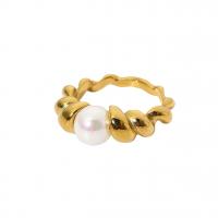 Stainless Steel Finger Ring, 304 Stainless Steel, with Plastic Pearl, Round, Vacuum Ion Plating, fashion jewelry & for woman, golden, 16.43mm, US Ring 