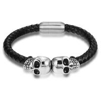 PU Leather Cord Bracelets, with 304 Stainless Steel, Skull, Vacuum Ion Plating, dyed & Unisex 