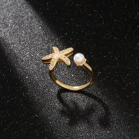 Pearl Brass Finger Ring, with Plastic Pearl, fashion jewelry & micro pave cubic zirconia & for woman, golden 