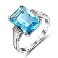 Cubic Zircon Brass Finger Ring, with Cubic Zirconia, Rectangle, platinum plated & for woman, blue 