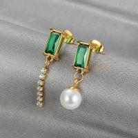 Asymmetric Earrings, 304 Stainless Steel, with Cubic Zirconia & Plastic Pearl, Galvanic plating, for woman, green, 25mm 