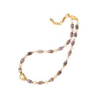 Gemstone Necklaces, Brass, with Natural Stone & Plastic Pearl, with 5cm extender chain, real gold plated, for woman, mixed colors Approx 42 cm 