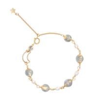 Moonstone Bracelet, Brass, with Moonstone & Freshwater Pearl, real gold plated, Adjustable & for woman, mixed colors Approx 13-17 cm 