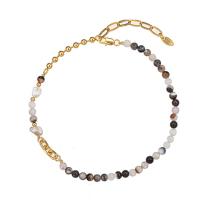 Gemstone Necklaces, Brass, with Gemstone, with 5cm extender chain, Round, real gold plated, for woman, mixed colors Approx 37 cm 