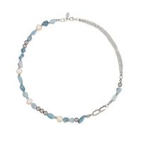 Aquamarine Necklace, with Freshwater Pearl & Brass, silver color plated, for woman, sea blue Approx 42 cm 